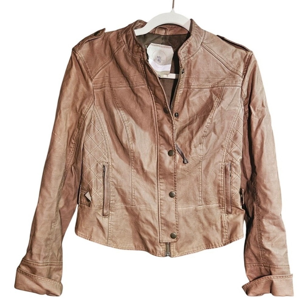 Women Y2K Vegan Leather Moto Jacket Sz S Full Zip Light Brown #374